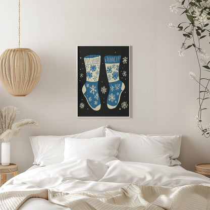 Wandbild Vintage Socken Strickwaren Blau Auf Schwarz Leinwandbild