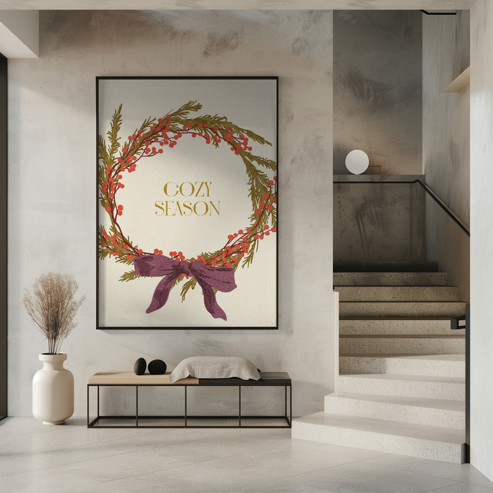 Wandbild Gemütliche Saison. Weihnachtskranz mit Schleife Leinwandbild