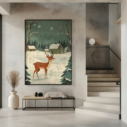 Wandbild Hirsch Winterferien Grüner Leinwanddruck