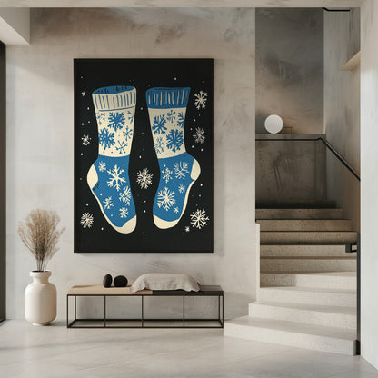 Wandbild Vintage Socken Strickwaren Blau Auf Schwarz Leinwandbild