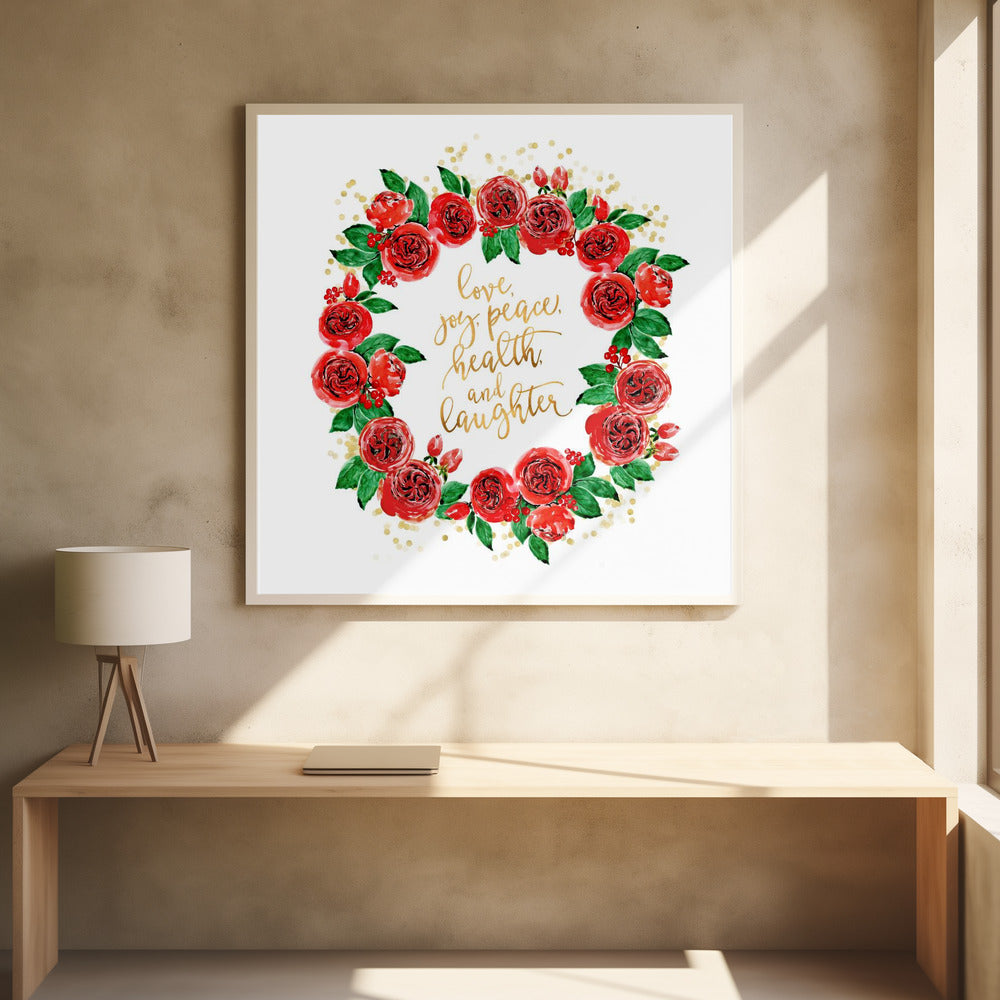 Wandbild Weihnachtswünsche Kranz aus roten englischen Rosen