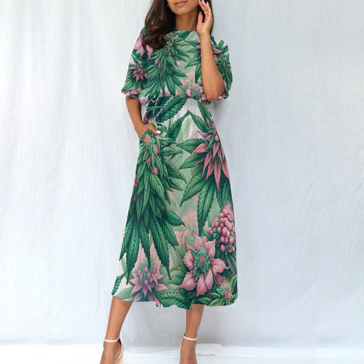 Pink Haze Floral A-Line Midi Dress with Pockets