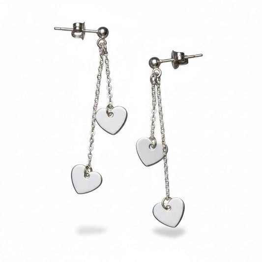Double Drop Heart Chain Stud Earrings In Silver Plate - SP406H