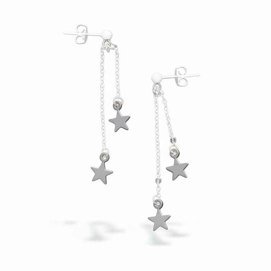 Double Drop Star Chain Stud Earrings In Silver Plate - SP406S