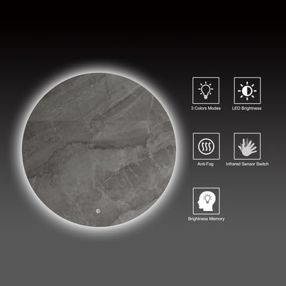 30"-42" Round LED Bathroom Mirror with Sensor Switch, Dimmable Backlit Anti-Fog Vanity Mirror