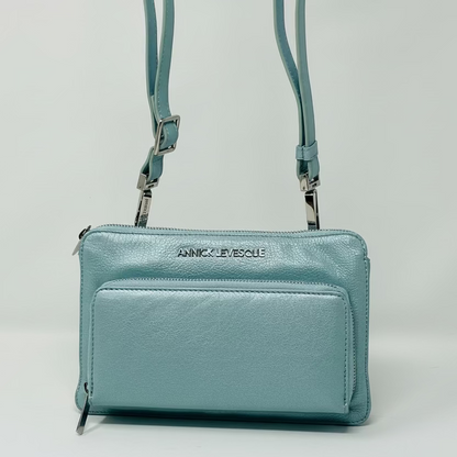 Petit sac à main-portefeuille en Cuir Véritable Bleu céleste, Carmen
