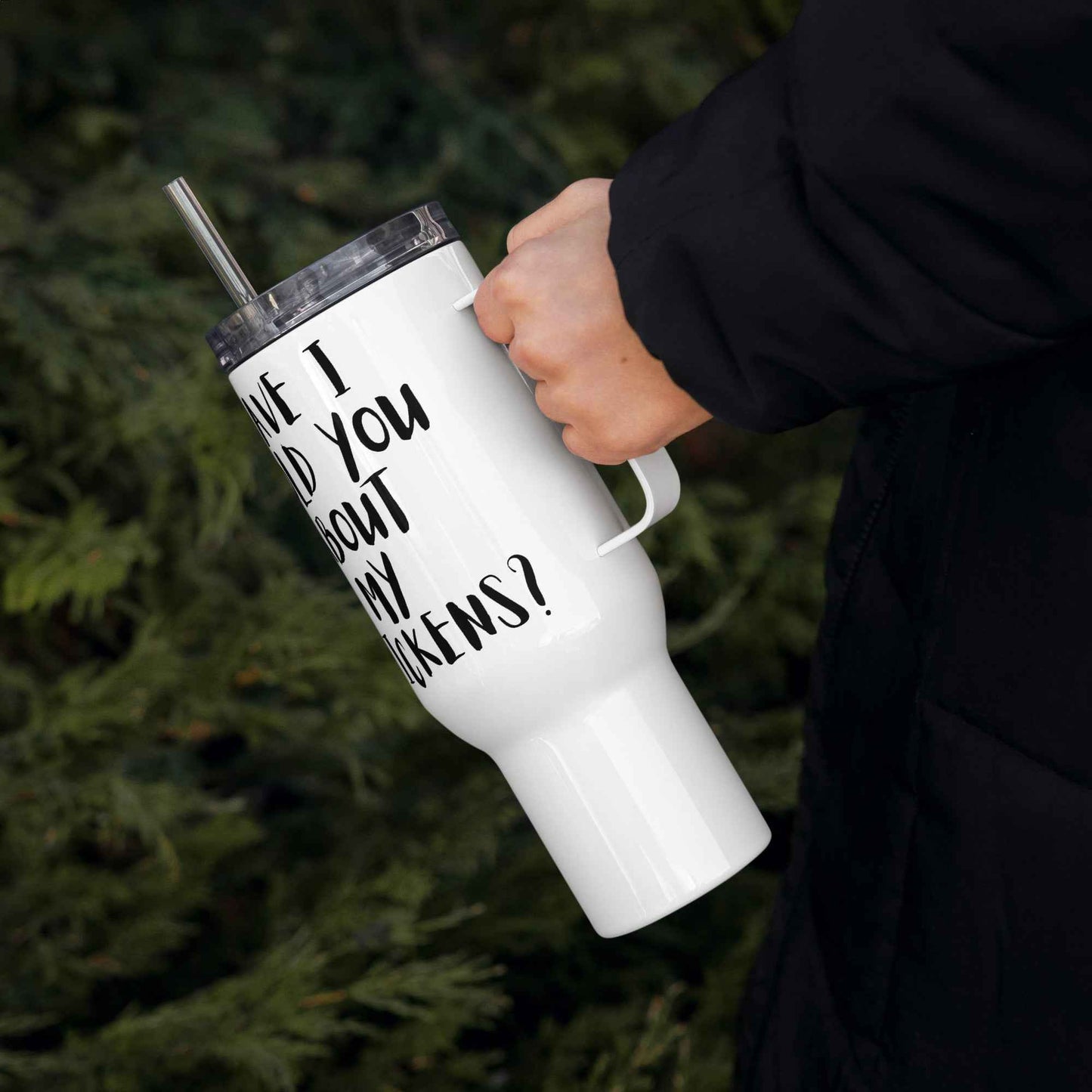 Chickens travel mug with a handle