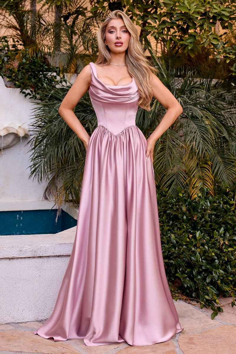 Pleated neckline, thin straps & leg slit