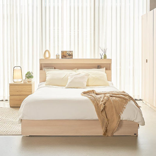 Vienna Wooden Bed with Storage Drawers & Integrated Power Outlets (Natural Wood)