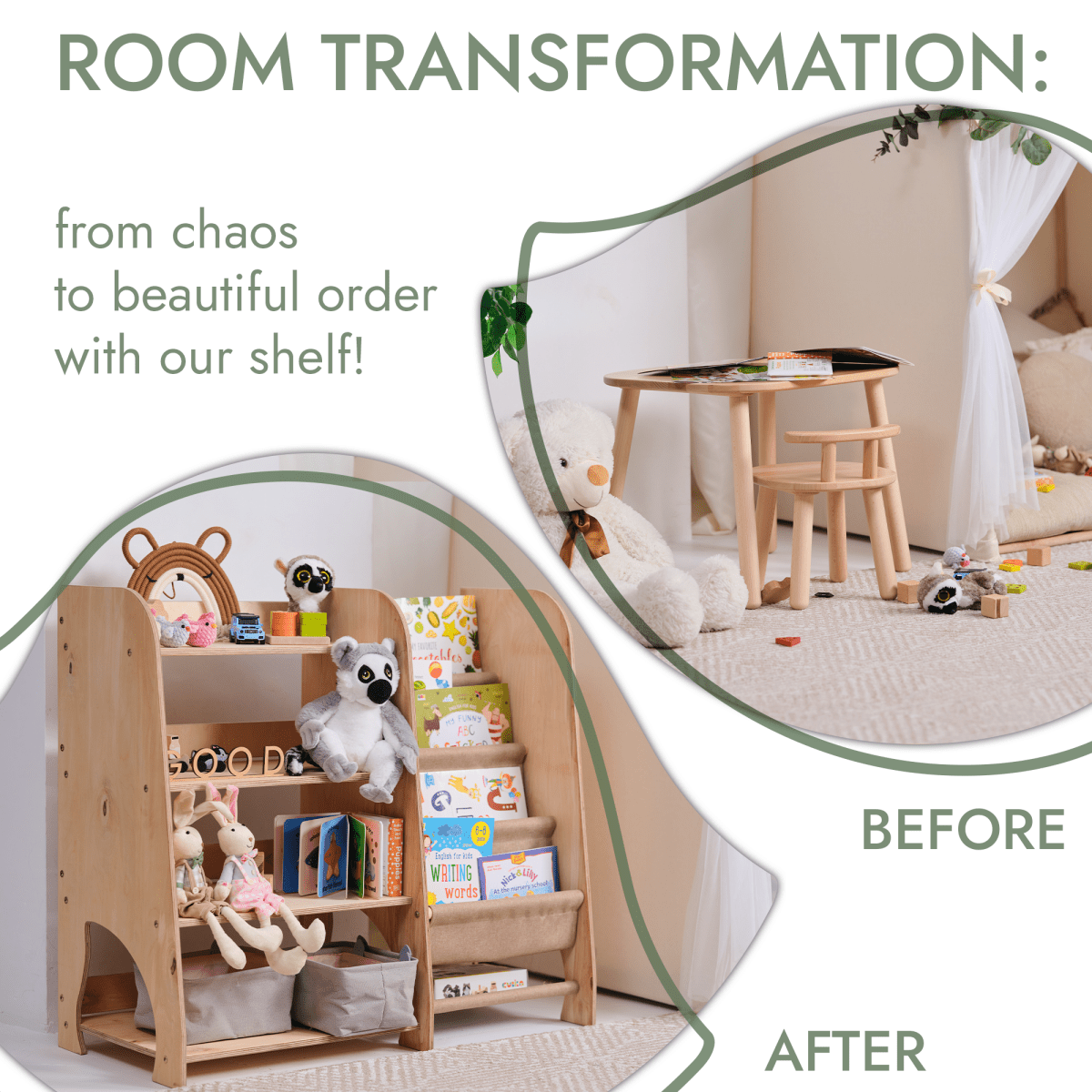 Wooden Montessori Shelves for Toddler 2in1: Bookshelf & Toy Shelving