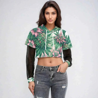 Pink Haze Mesh Sleeve Cropped Hoodie